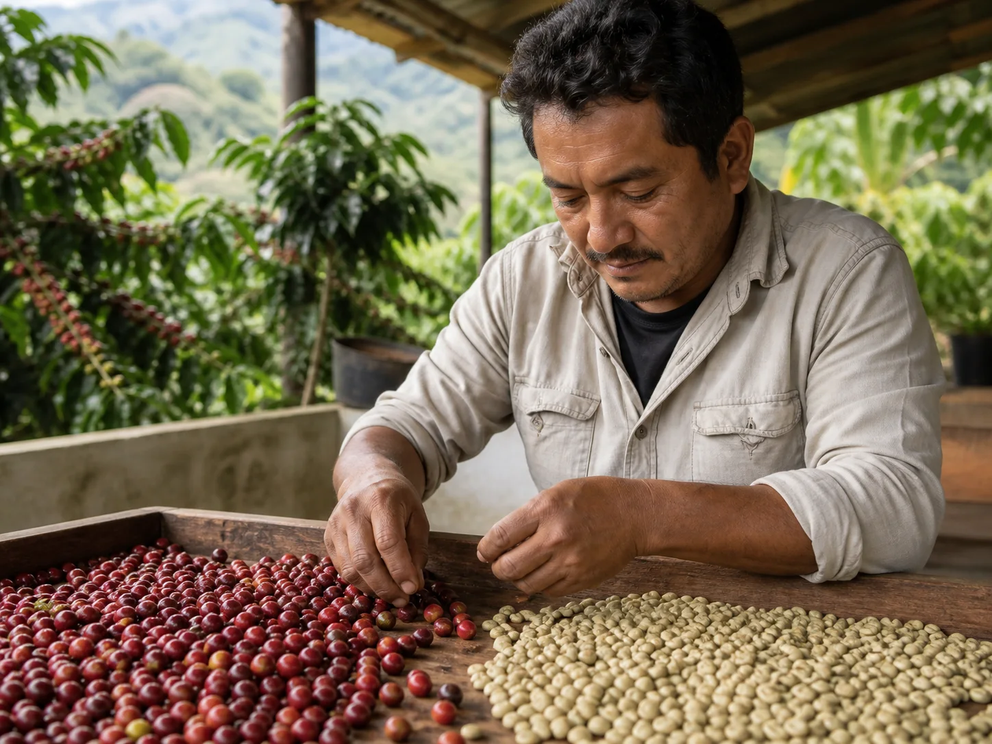 Productor mexicano seleccionando café en finca