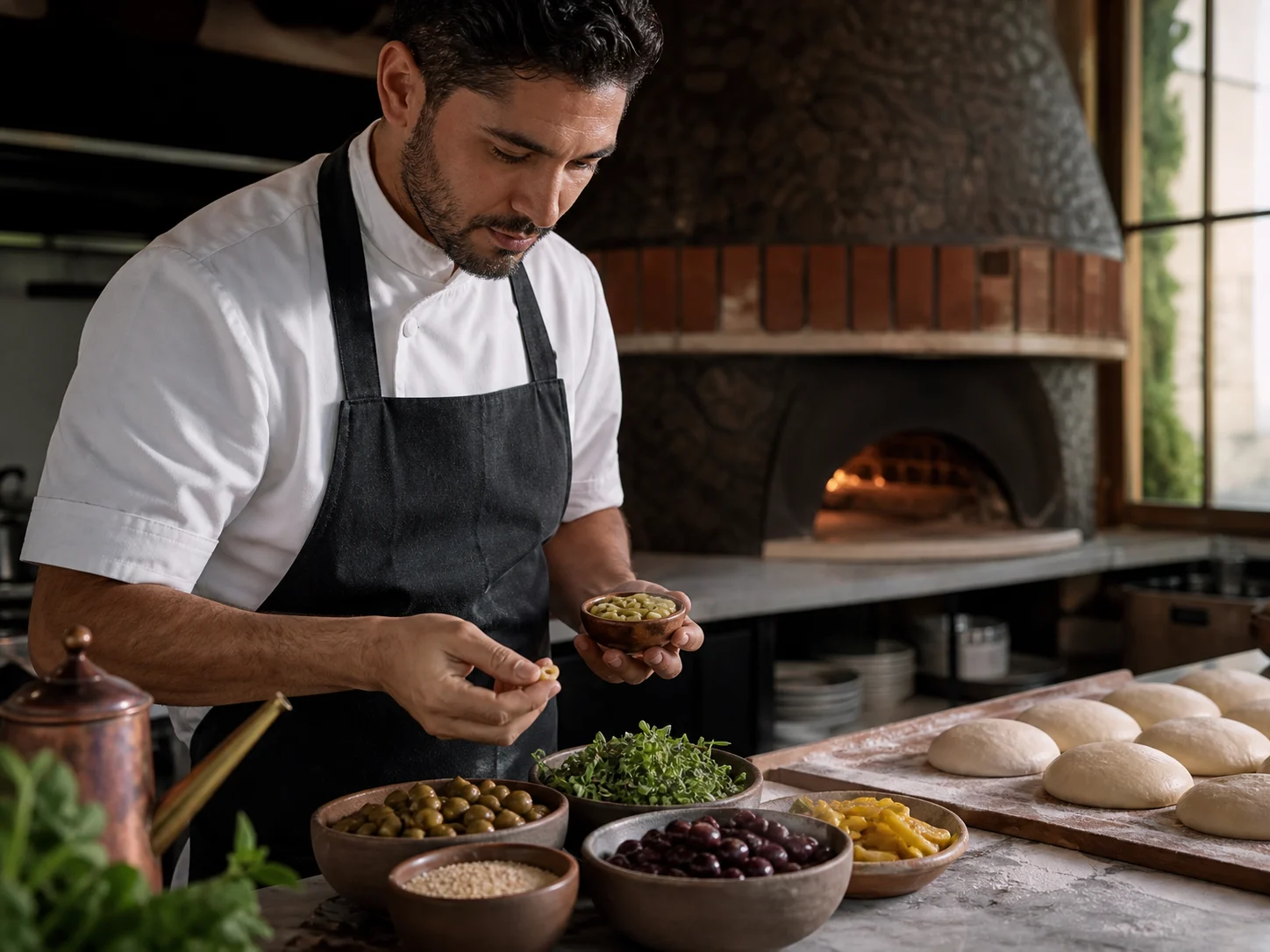 Pizzaiolo revisando ingredientes mediterráneos para pizza
