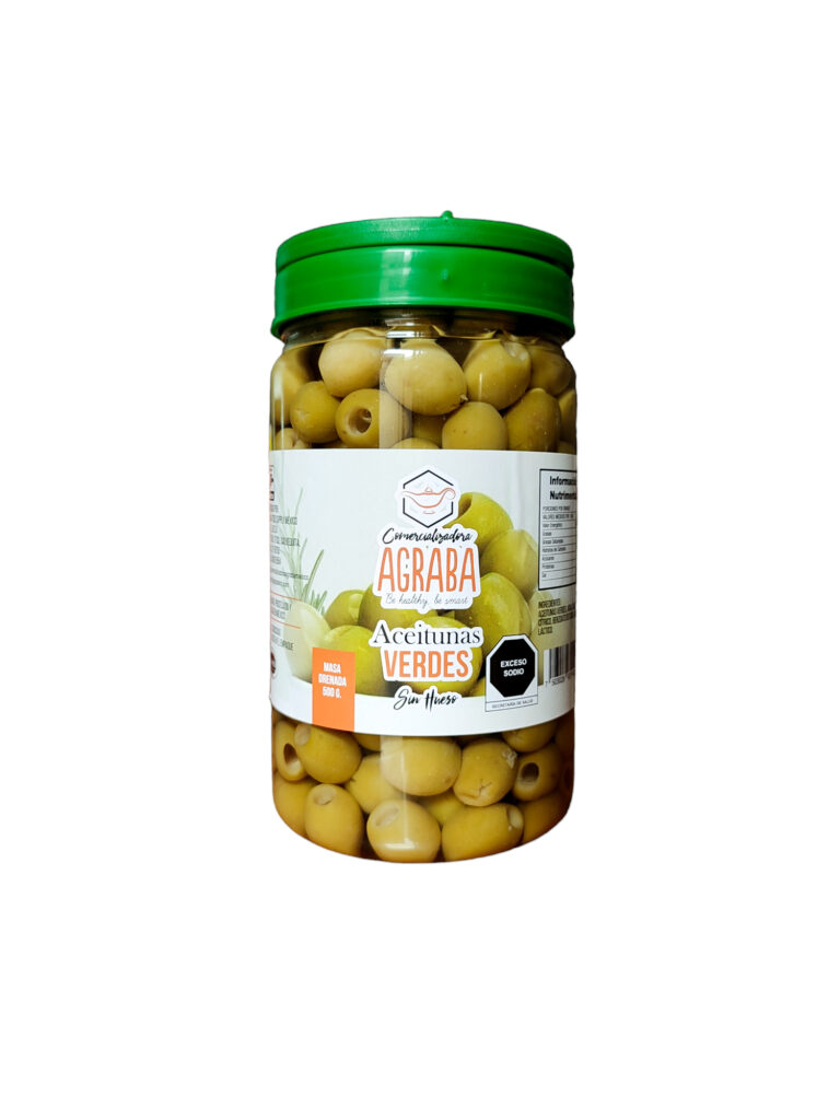 Aceituna verde sin hueso en frasco