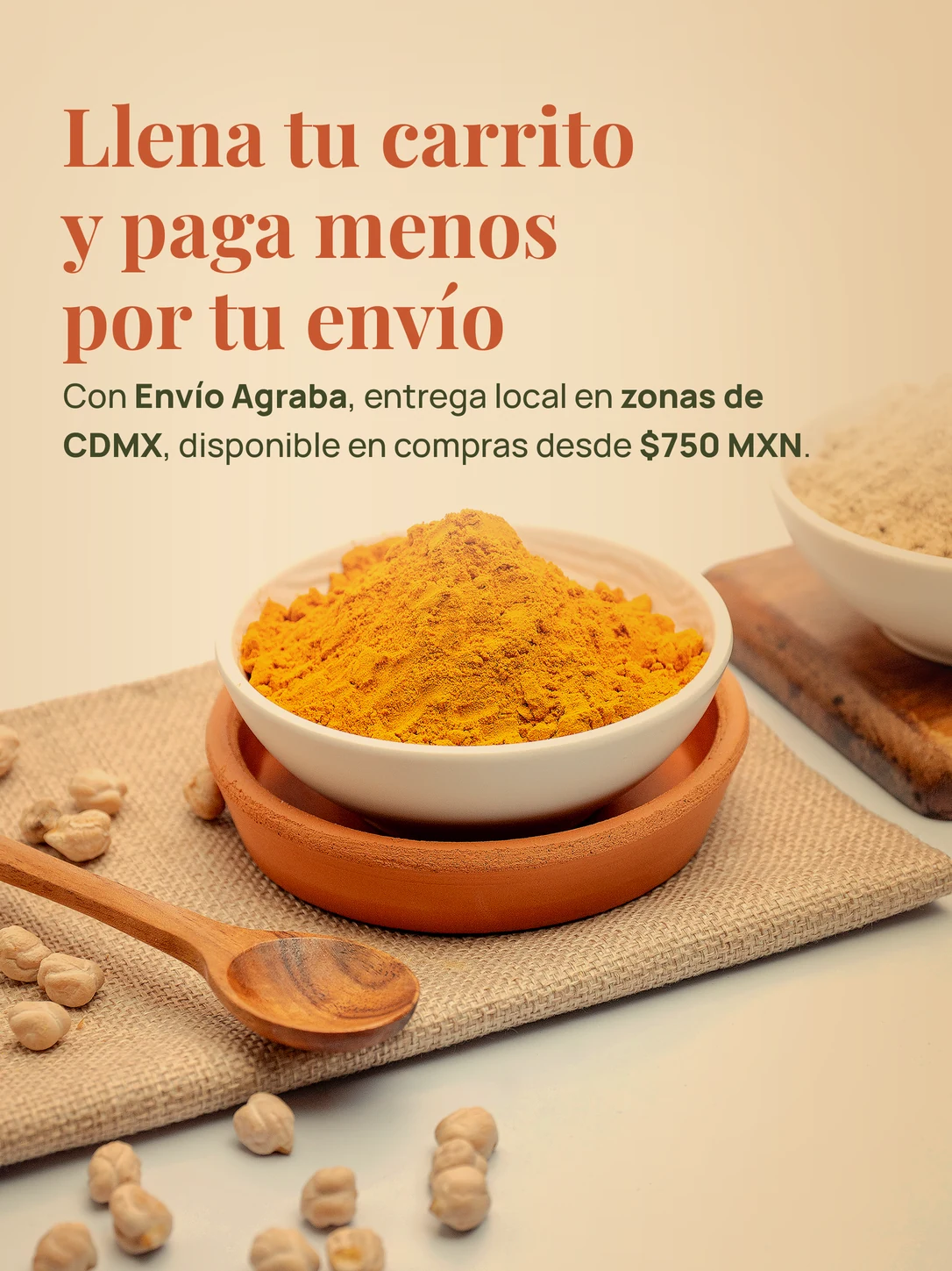 Bowl de cúrcuma en polvo sobre yute con garbanzos: Envío Agraba desde 750 pesos de compra